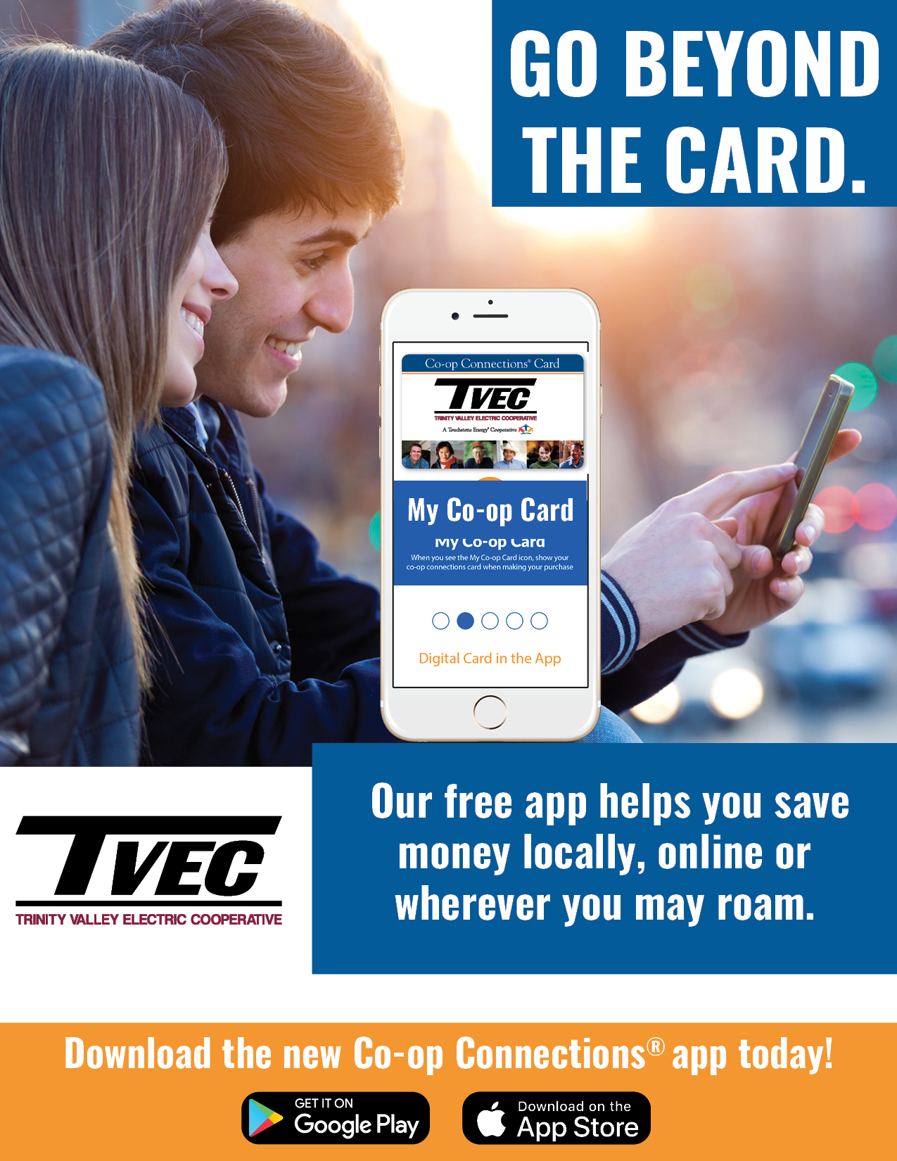 Print Ad 1 VERTICAL FINAL Pharmacist holding cooperative connections card with TVEC logo out in front of him