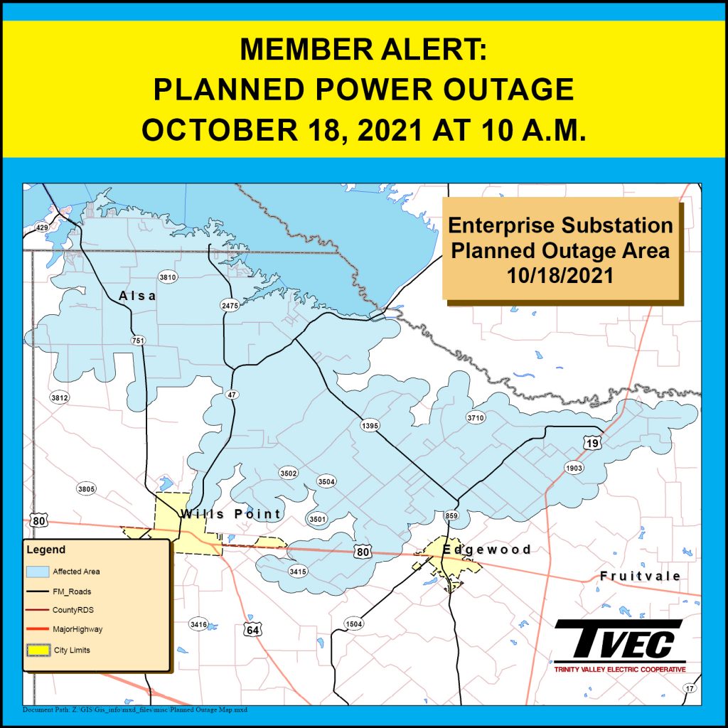 Planned Maintenance Outage October 18 Northern Van Zandt County Trinity Valley Electric